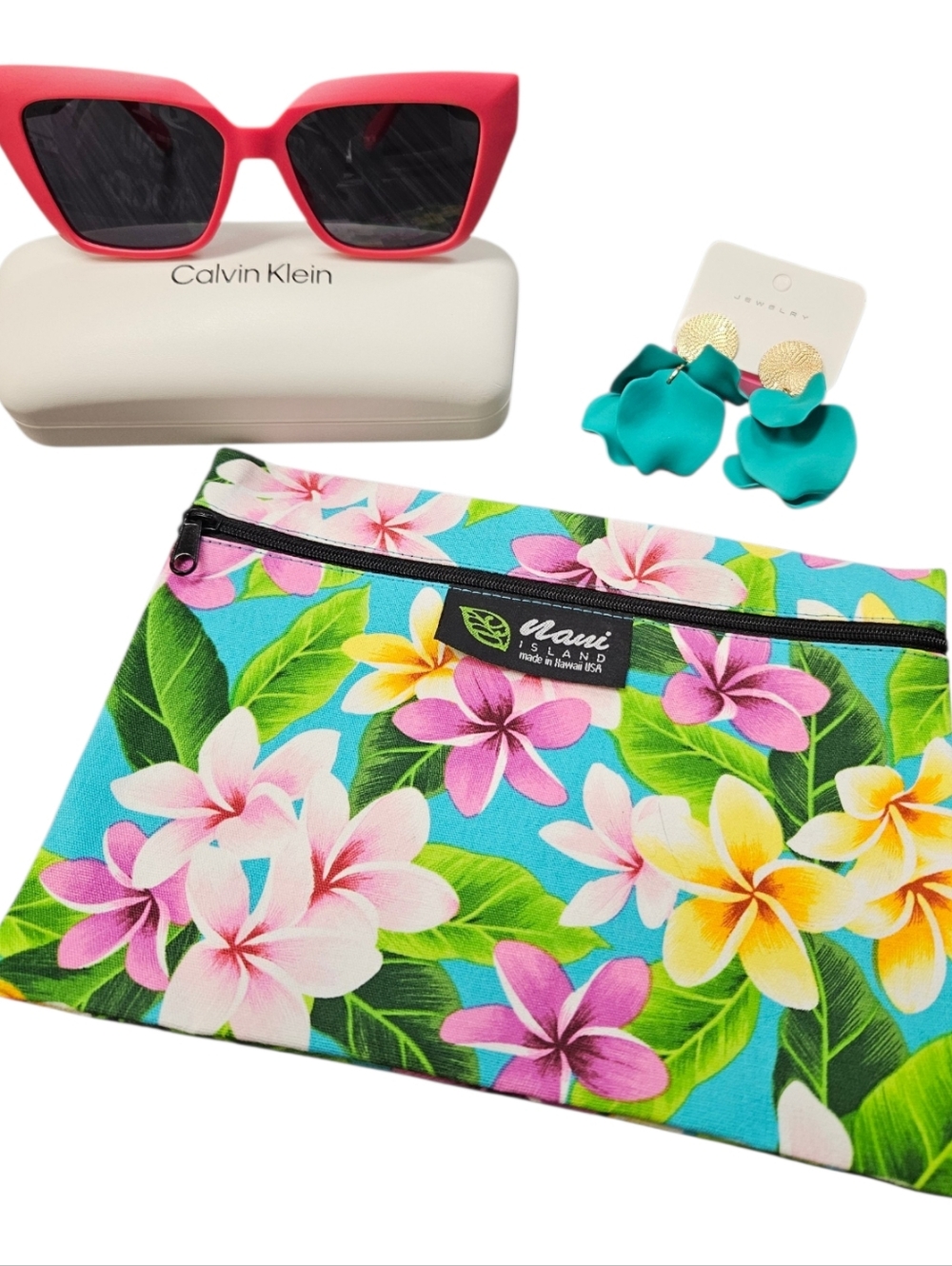 NEW Calvin Klein Hot Pink Cat-Eye Sunglasses with Floral Pouch and Teal Earrings